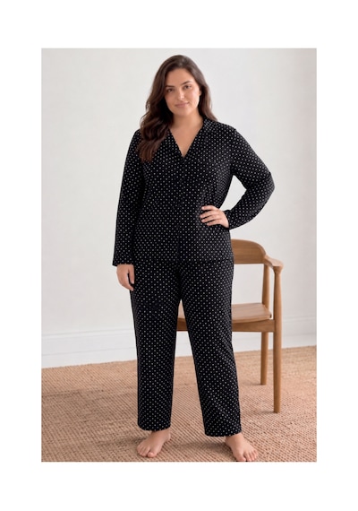 Fit Women Kadın Puantiyeli Düğmeli Siyah Pijama Takımı 852