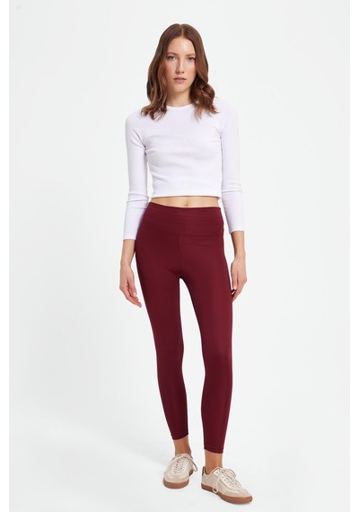 Tudors Kadın Slim Fit Dar Kesim Scuba Kumaş Beli Lastikli Bordo Tayt-42441 Bordo