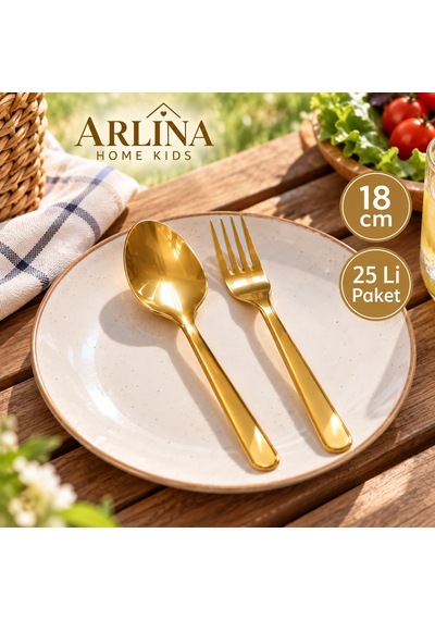 25 Kişilik Gold Plastik Çatal-kaşık Seti 50 Parça Gold - Krem