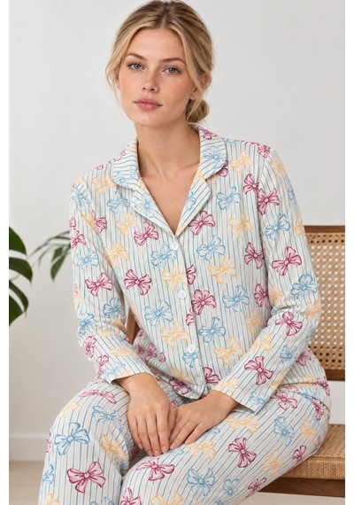 Fit Women Kadın Kurdela Desenli Bol Renkli Pijama Takımı 4798 Çok Renkli