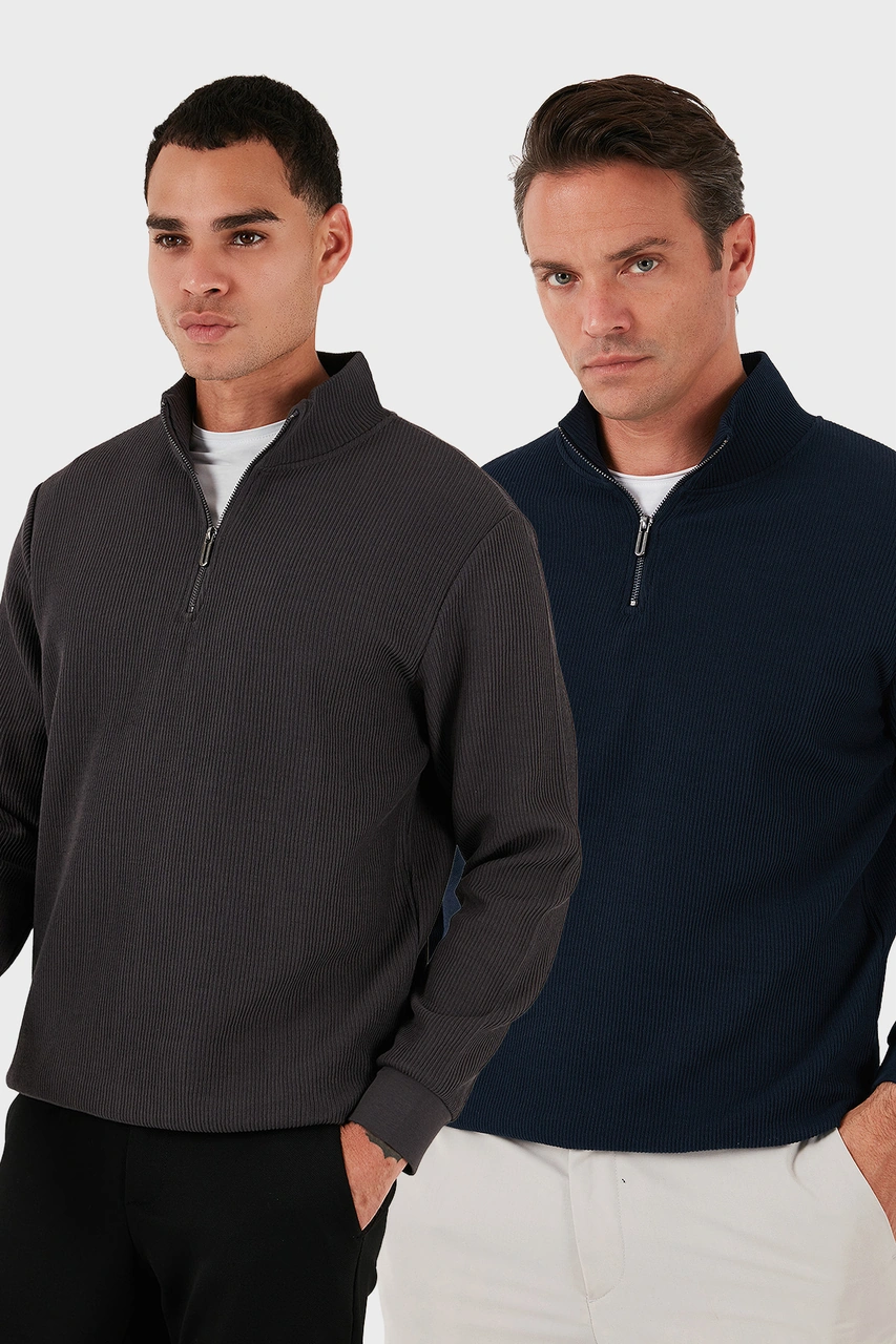 Buratti Pamuklu Regular Fit Yarım Fermuarlı Dik Yaka 2'Li Paket Erkek Sweat 5905716S2 Koyu Lacivert-Antrasit