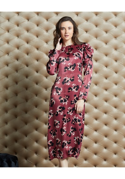 Serpil Exclusive Emprime Desenli Saten Dokulu Midi Elbise Şık Ve Modern Stil Bordo