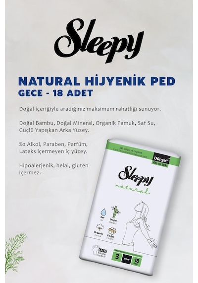 Sleepy Natural Ultra Hassas Hijyenik Ped Gece 18 Adet Ped Ve Rosıe
