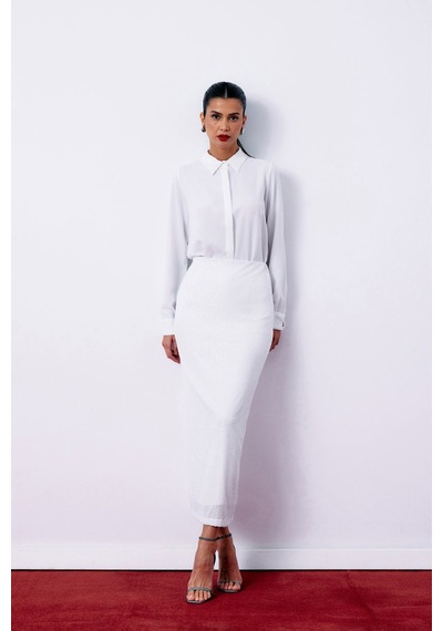 Sateen Pul Payetli Midi Etek - Ekru-135198 Ekru