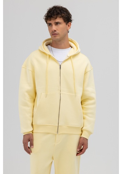 Vamos Basic Fermuarlı Oversize Kapüşonlu Sweatshirt Sarı