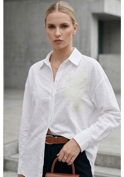 Kadın Beyaz Gömlek Düz Nakış Detaylı Uzun Kollu Oversize Şık Günlük Smart Casual Bluz - Kadın Gömlek
