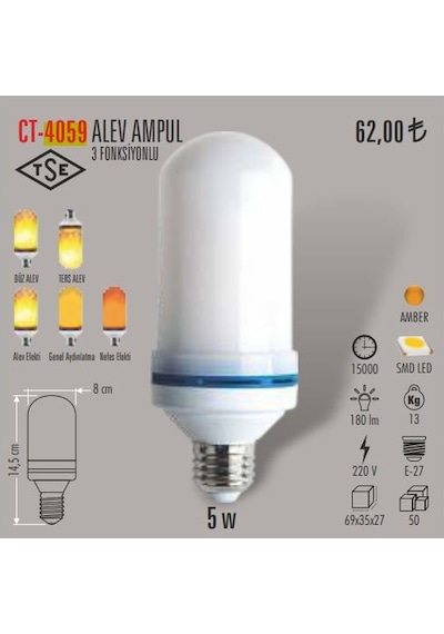 Cata Ct-4059 5 Adet 5 Watt Alev Ampul 3 Fonksiyonlu Tse'Li