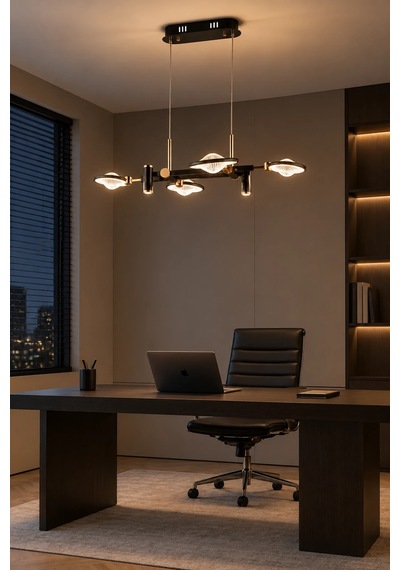 Modern Premıum Siyah Gold Ledli Avize 4 Kollu Sarkıt Salon Odası Yemek Masası Üstü Avizesi 30w
