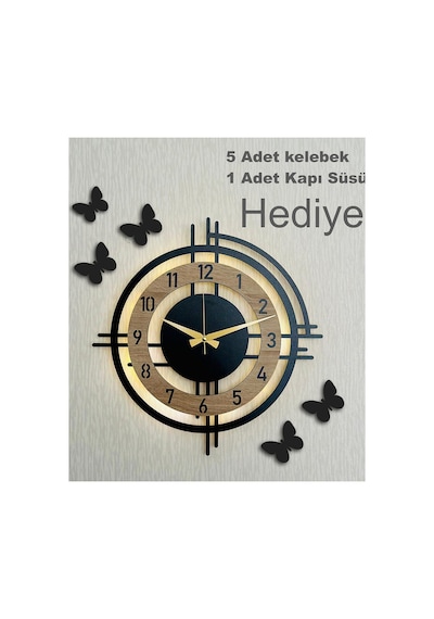 Pey Aksesuar Işıklı Ahşap Duvar Saati 48 Cm Dekoratif Modern Tasarım Sonomo 0240-keçe-şekilli-48cm