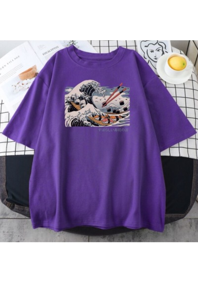 Flood Of Style Unisex Mor Japon Dalga Baskılı Oversize Bisiklet Yaka T-shirt Mavi