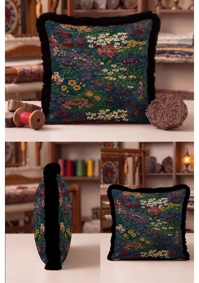 Çiçek Bahçesi Desenli Saçaklı Yastık Kılıfı - Floral Lacivert Yeşil Siyah Püsküllü Kırlent Kılıfı Buzlu Atlas Saten Çiçek Bahçesi Desenli Saçaklı Yastık Kılıfı - Floral Lacivert Yeşil Siyah Püsküllü Kırlent Kılıfı Buzlu Atlas Saten
