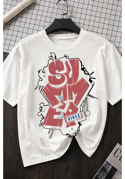 Spoyi Summer Vibe Tasarımlı %100 Pamuk Yarım Oversize Beyaz T-xlhirt