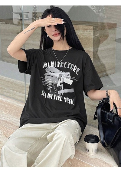 Architecture Süprem T-shirt - Siyah Baskılı Oversize Bisiklet Yaka Kısa Kol Tişört Siyah