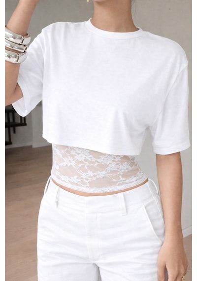 Meren Like Your Style Beyaz Crop Tişört Kadın Dantel Detaylı Yuvarlak Yaka Şık Üst Bluz Beyaz Meren Like Your Style Beyaz Crop Tişört Kadın Dantel Detaylı Yuvarlak Yaka Şık Üst Bluz Beyaz