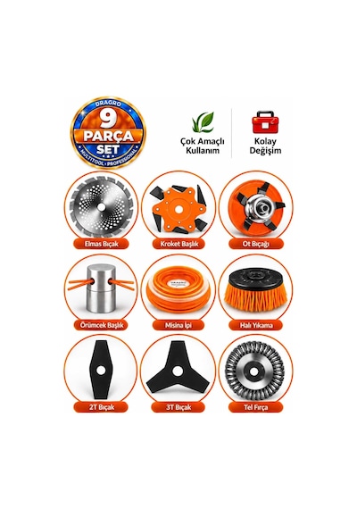 Dragro Drg-9 Adet Benzinli Tırpan Başlıkları 26 Mm 9 Diş İçin Uygundur