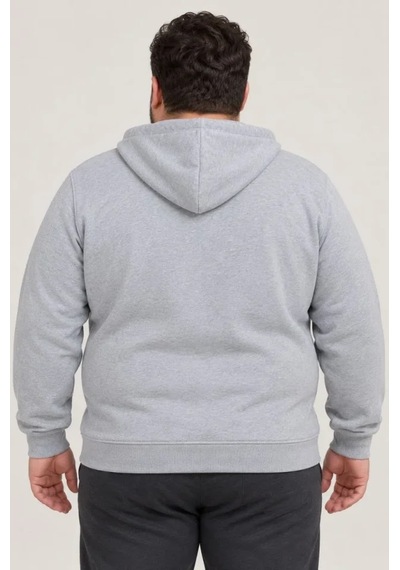Erkek Battal Büyük Beden Üç İplik İçi Şardonlu Kapüşonlu Tam Fermuarlı Kışlık Sweatshirt - Gri