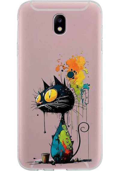 Samsung Galaxy J7 Pro İle Uyumlu Splash Kedi Tasarımlı Şeffaf Silikon Kılıf Şeffaf