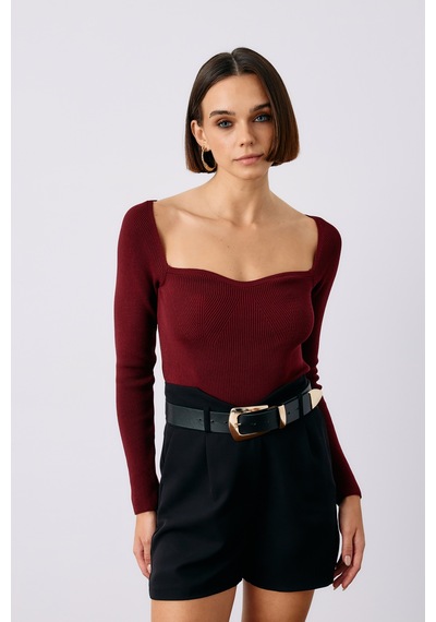 Sateen Kalp Yaka Triko Bluz - Bordo-135189 Bordo