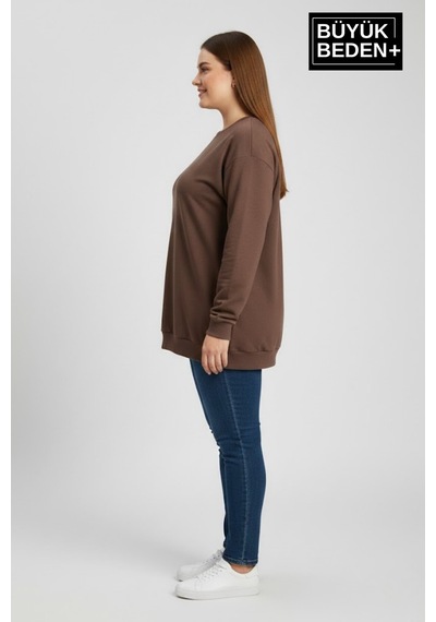 Superlife Kadın Büyük Beden Bisiklet Yaka Kollar Ve Etek Ribanalı İnce Sweatshirt Spr26bswk956 Kahverengi