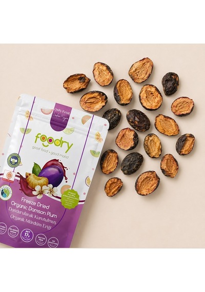Foodry Dondurularak Kurutulmuş Organik Mürdüm Eriği Freeze Dry Damson Plum Katkısız Çıtır Meyve Atıştırmalığı 6 x 17 G