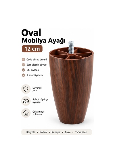 Bro Vidalı Oval Plastik 12 Cm Ceviz Mobilya Dolap Kanepe Koltuk Baza Yükseltici Ayağı Ayakları.
