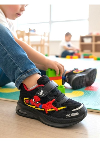 Erkek Çocuk Işıklı Örümcek Adam Rahat Yumuşak Fuspetli Taban Terletmez Triko Spor Ayakkabı Siyah