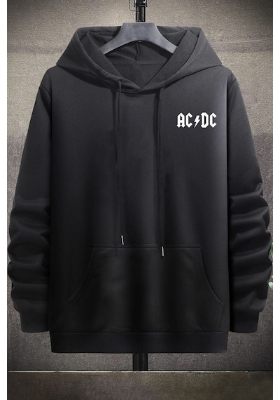 Uyguntarz Unisex Ac Dc Baskılı Kapüşonlu Sweatshirt siyah