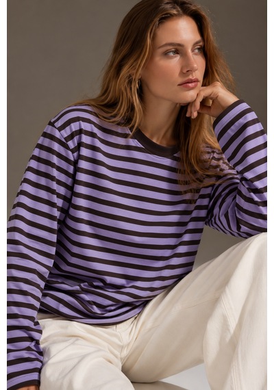 Wild Bee Kadın Lila Kahverengi Çizgili Pamuklu Bisiklet Yaka Oversize Bluz