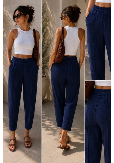 Bbbutikbasic Kadın Müslin Havuç Kesim Rahat Pantolon My3535 Lacivert