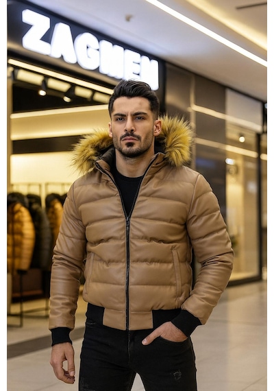 Zagmen Erkek Kürk Yaka Şişme Suni Deri Mont Taba