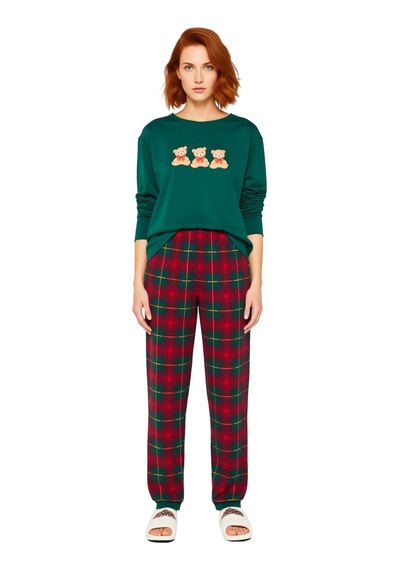 Ersefa Kız Çocuk Ayıcık Temalı Ekose Pijama Seti Fonksiyonel Dayanıklı K Yeşil