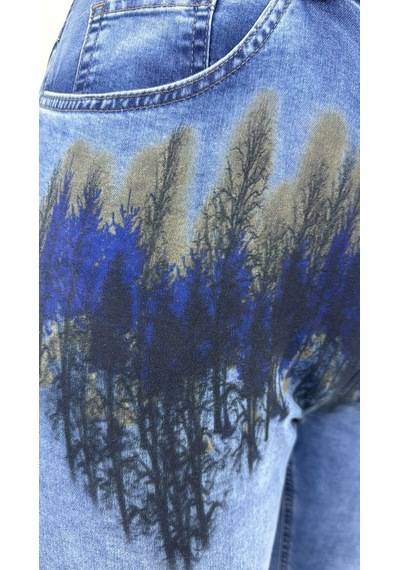 Zanessi Fashıon Büyük Beden Baskılı Denim Kadın Pantolon Mavi