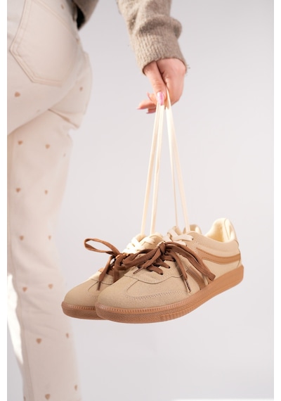 Muggo Huxley Çift Bağcıklı Günlük Kadın Sneaker Spor Ayakkabı Bej