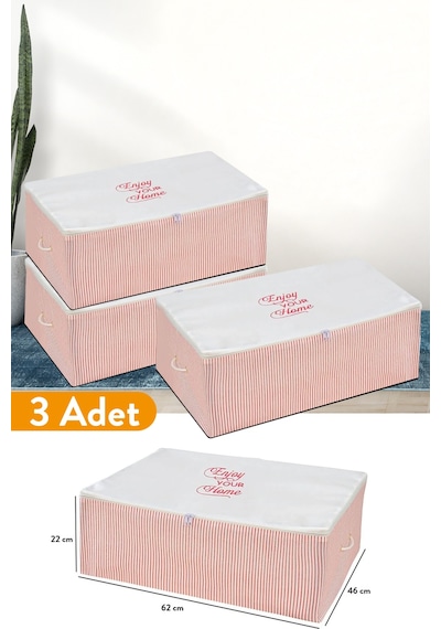 Serstil 3 Adet - Büyük Boy Baza Altı Pembe Çizgili Hurç 62 X 46 X 22 Cm
