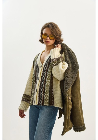 Shade Kadın Etnik Desenli Oversize V Yaka Düğmeli Kalın Triko Hırka 5057 60283576 - Krem