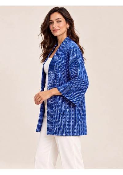 Tencelle Woman Kadın Saks Mavisi Beyaz Desenli Şal Yaka Rahat Kesim Kimono Ceket Mavi