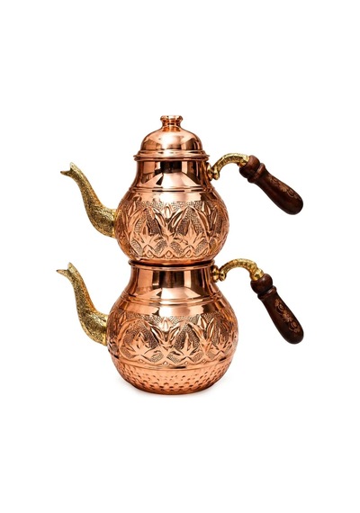 Aura Copper El İşlemeli Bakır Çaydanlık Seti 1 Mm Üst 850-950 Ml Alt 1850-1950 Ml 27 Cm