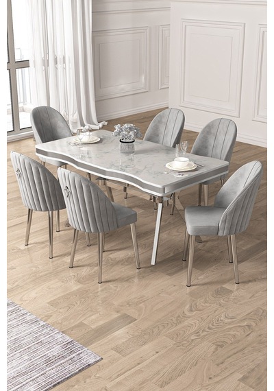 Canisa Pem Serisi 90x160 Lak Panel Beyaz Mermer Desen Krom Ayak Masa Takımı 6 Gri Sandalye Beyaz Mermer Desen Masa Sandalyeler Gri Canisa Pem Serisi 90x160 Lak Panel Beyaz Mermer Desen Krom Ayak Masa Takımı 6 Gri Sandalye Beyaz Mermer Desen Masa Sandalyeler Gri