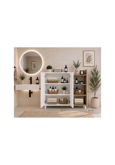 Ahşap Detaylı Banyo Dolabı - Çok Amaçlı Dolap Beyaz