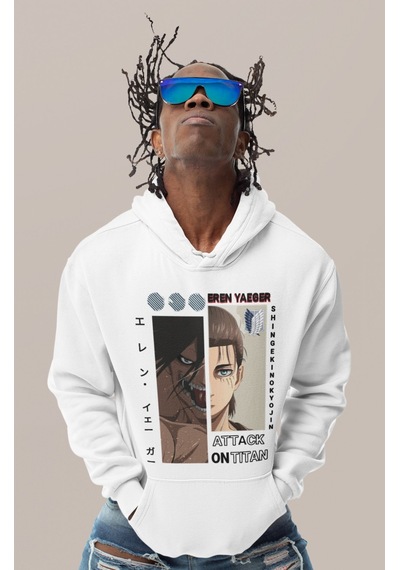 Sevbano Attack On Titan Eren Yeager Baskılı Unisex Oversize Anime Karakte beyaz