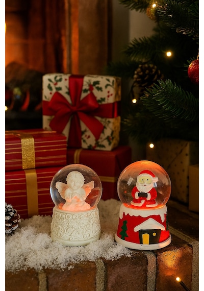 Ev Dekoru Yeni Yıl Huzuru Işıklı Santa Melek Figürlü Ve Noel Baba Temalı Kar Küresi 2'li Seti 6.5 Cm Çok Renkli