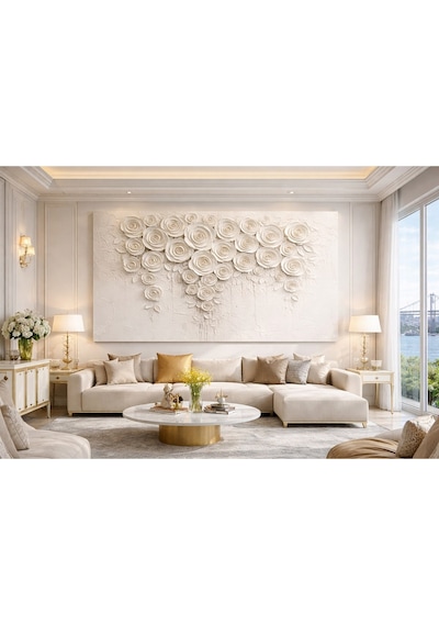 Güllü Kalp Tablo 3d Dokulu Beyaz Çiçek Duvar Dekoru, Modern Luxury Kanvas