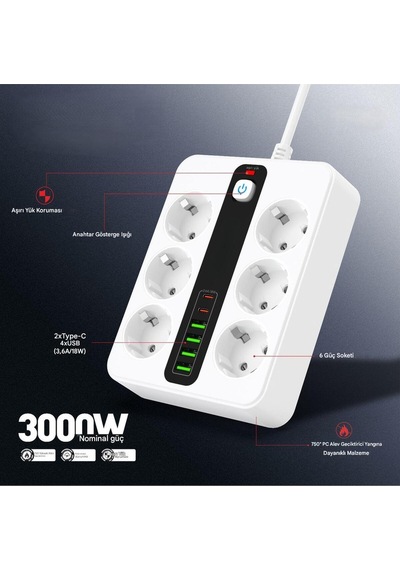 6'lı Grup Priz 4xusb 2xtype-c Çıkışlı Isıya Dayanıklı Power Tuşlu 2 Mt Kablolu Priz Çoğaltıcı 2 M