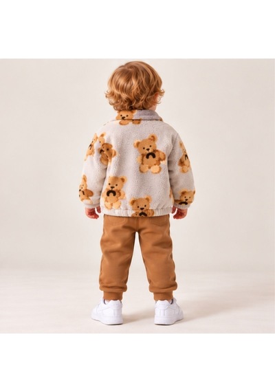 Maxx Kelın Erkek Bebek Ayıcık Desenli Peluş Mont Ve Taba Pantolon 2'li Takım Gri 9-12-18 Ay