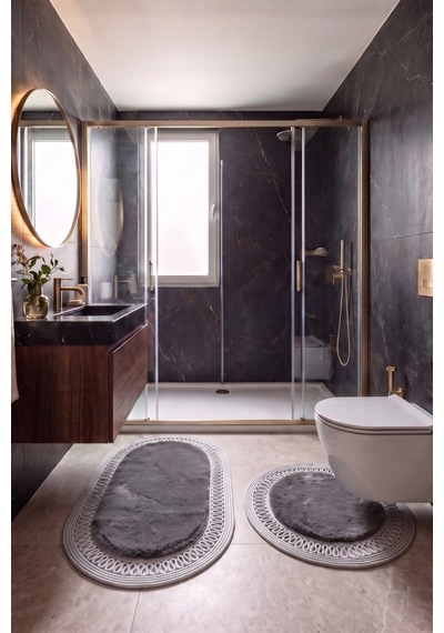 Banyo Paspası Takımı 60x100+60x60 Cm İç Trikot Antrasit Gri & Gümüş