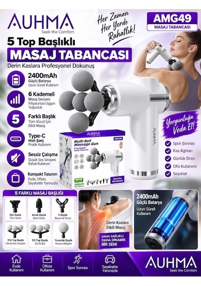 Auhma Amg49 2400mah 6 Kademeli 5 Başlıklı Masaj Tabancası Derin Kas Masaj Cihazı