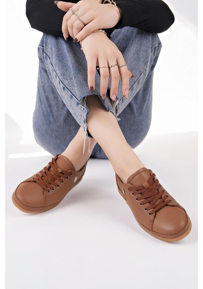 Nesilshoes Modessa 160 Taba Bağcıklı Hakiki Soft Deri Kadın Ayakkabı