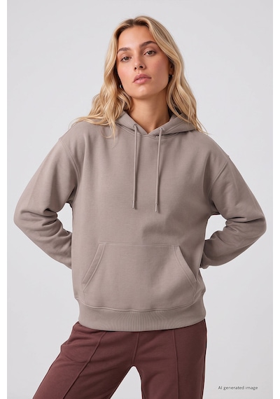 TOMMYLIFE Koyu Bej Standart Kapüşonlu Kanguru Cepli Basic Kadın Sweatshirt - 97321