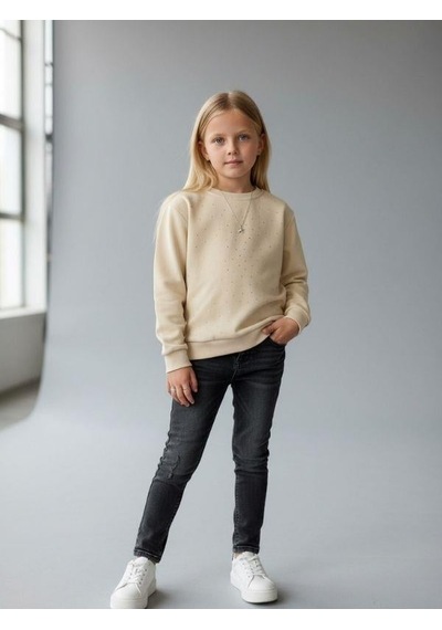 Kız Çocuk Pamuklu Taşlı Sweatshirt-16747 KREM