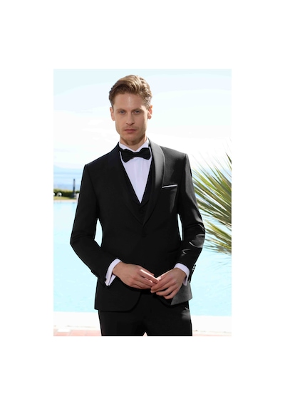 Morven Erkek Siyah Poliviskon Ceromonia Santorini Slim Fit Şal Yaka Damatlık Siyah